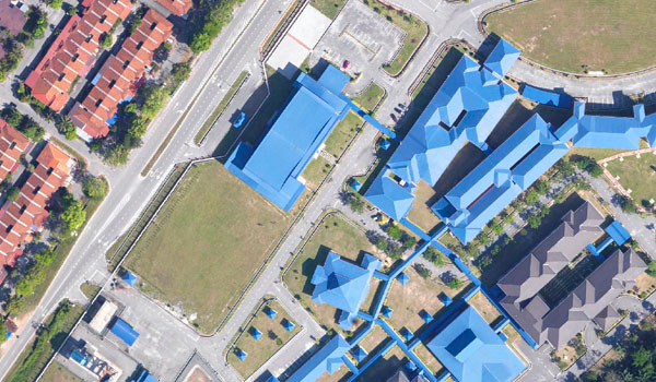 Buildings with blue roofs